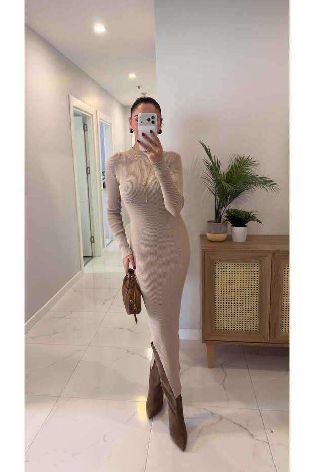 Tesella Stone Corded Fabric Side Slit Dress