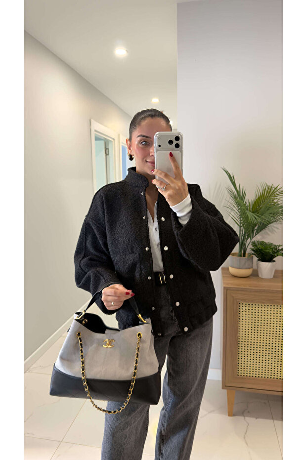 Leyora Siyah Düğmeli Kaşe Ceket - 1