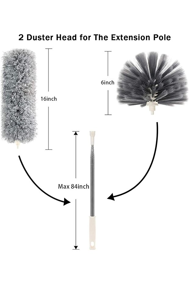 Duster with Extra Long Extension Pole - Microfiber & Cobweb Double Replacement Heads - 4