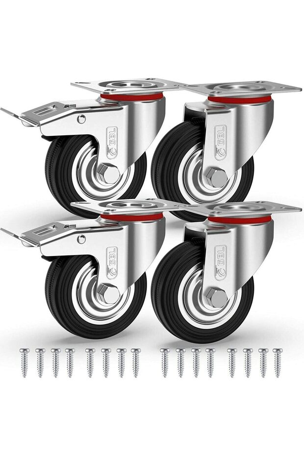 3'' Heavy Duty Caster Wheels with 2 Brakes + Screws - up to 440Lbs - Set of 4 No Floor Marks Sil