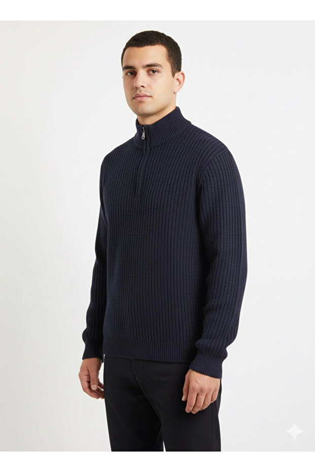 Navy Blue Half Zip Knit Sweater