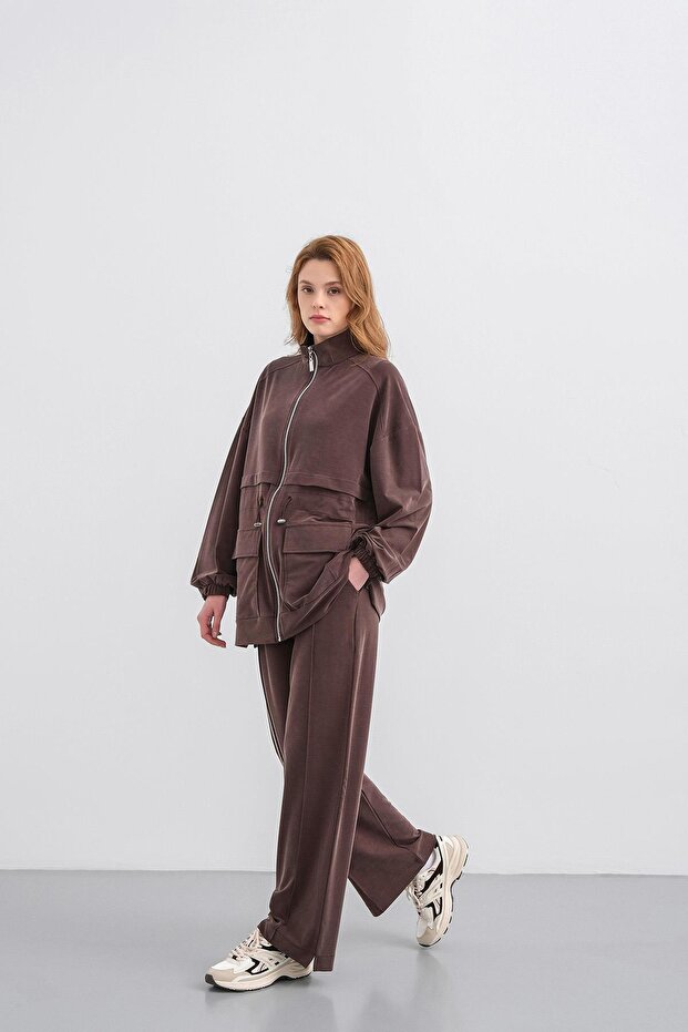 Brown Women's Waist Elastic Detailed Pocketed Zipper Closure Oversized Modal Bottom Top Set