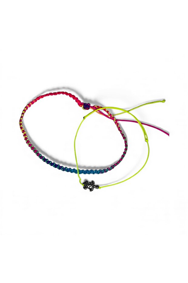 Handmade Macrame Knitted Colorful 2-Piece Anklet with Metal Turtle Figure