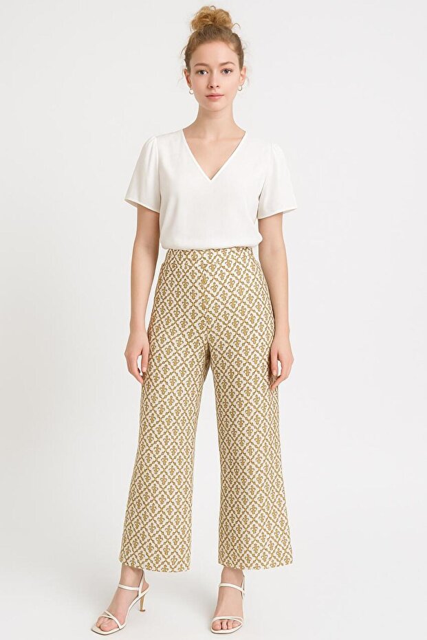 Gold & White Geometric Print Flared Trousers