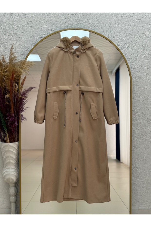 Camilia Beli Tünelli Hooded Fur Full Length Coat-Zş4712 Mink