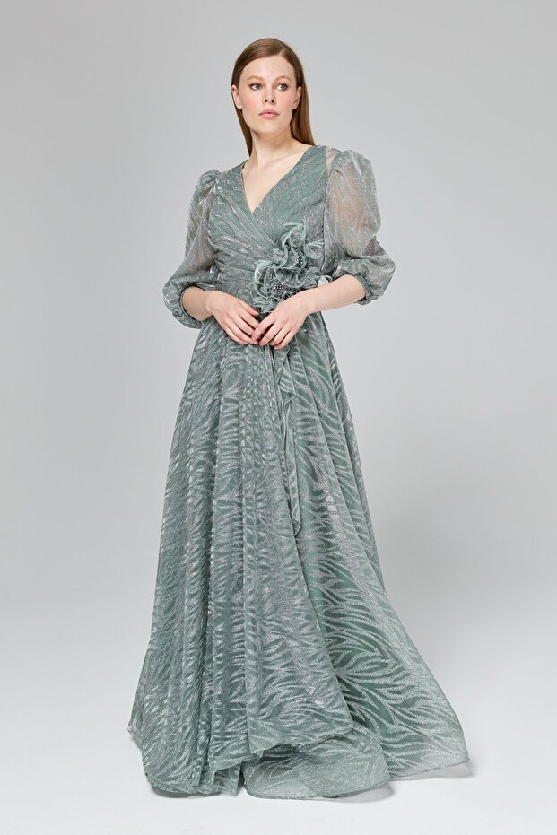 Simli Balon Kol Abiye Mint - 2