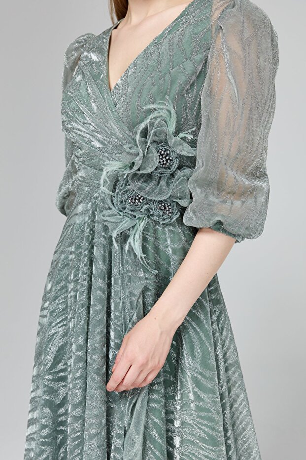 Simli Balon Kol Abiye Mint - 7