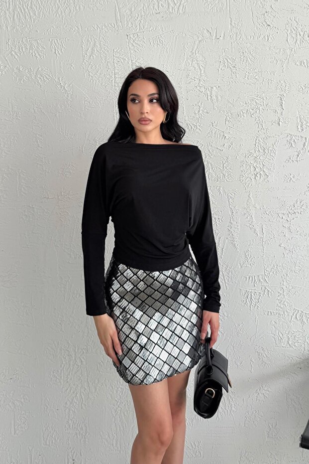 Silver Sequin Embroidered Mini Skirt