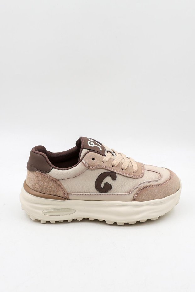 Women's Lace-Up Women's Leather Casual Sneakers Gj318 - Beige - 36