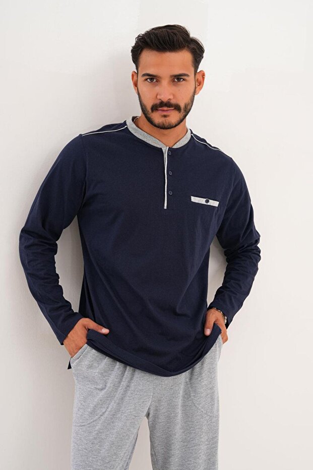 Men's flat front navy blue pajama set 8000