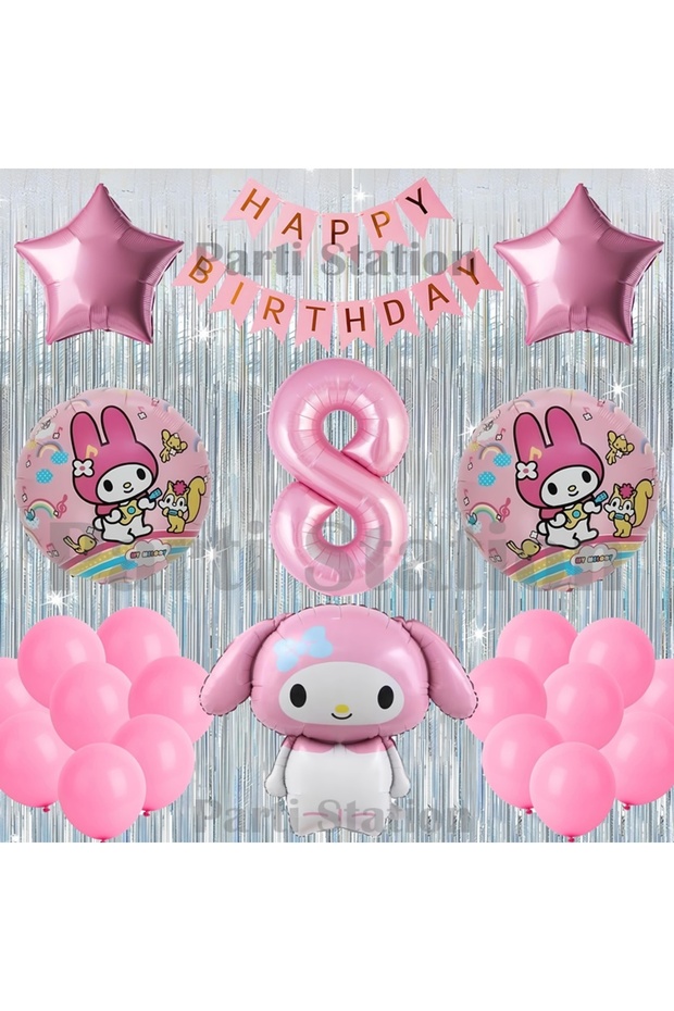 Kuromi My Melody Concept 8Th Birthday Balloon Set with Curtain and Pink Number Balloons