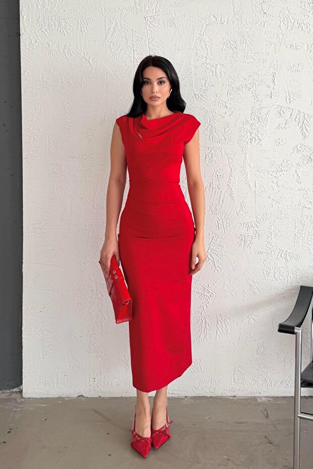 Red Shoulder Detail Midi Dress