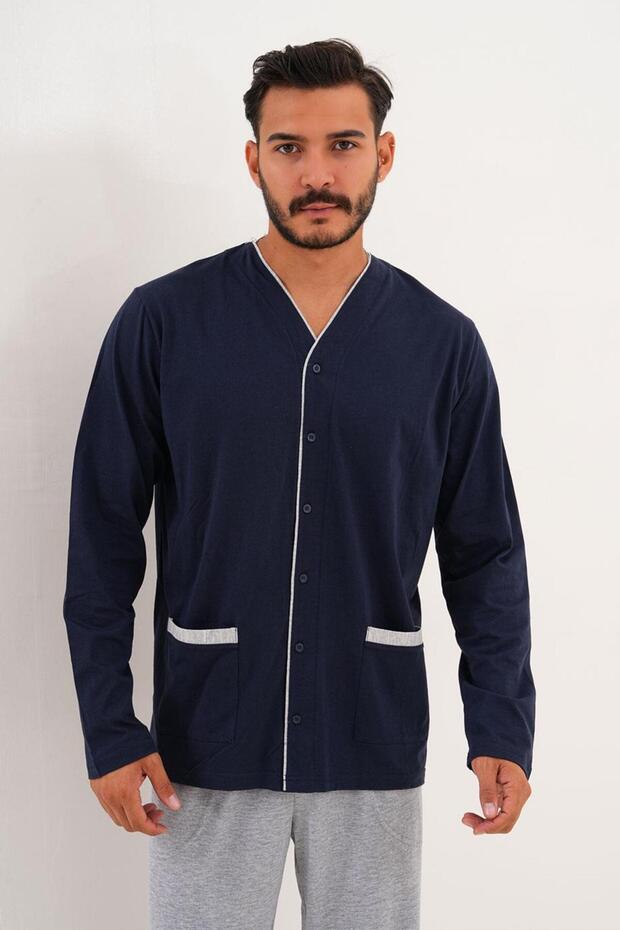 Men's Flat Front Buttoned Navy Blue Pajama Set 8002