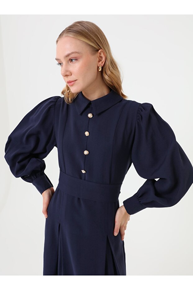 Gold Button Detailed Balloon Sleeve Belted Hijab Dress - Navy Blue -