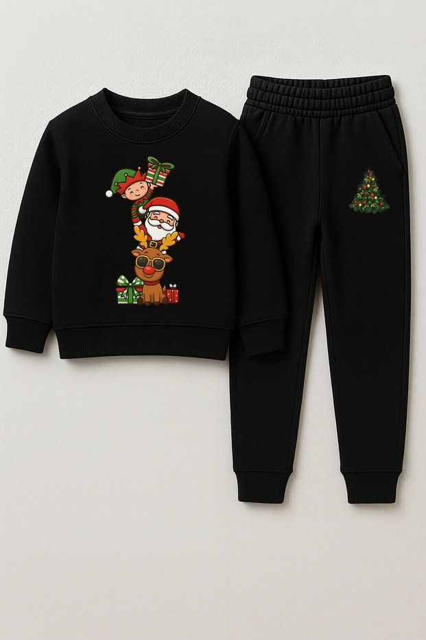 New Year 2026 Santa Claus Christmas Printed Crew Neck Black Children's Tracksuit Bottom Top Set