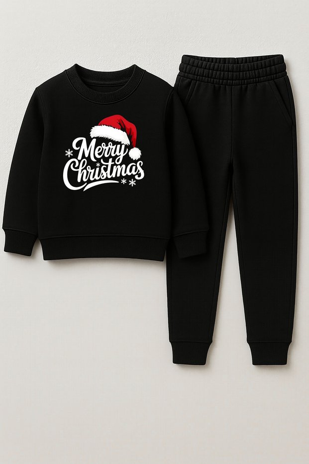 New Year 2026 Santa Claus Christmas Printed Crew Neck Black Children's Tracksuit Bottom Top Set