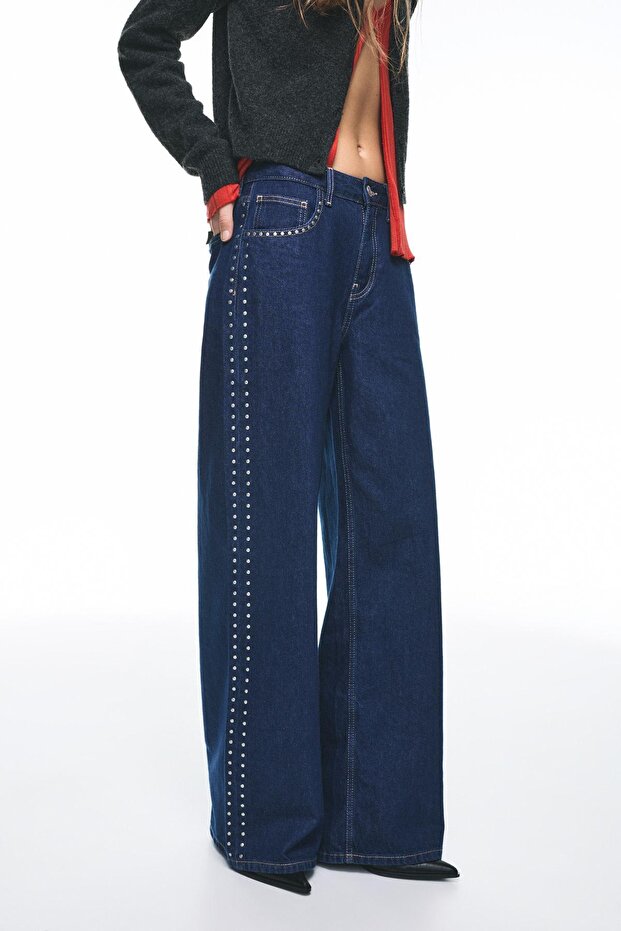 Zımbalı geniş paça jean - 3