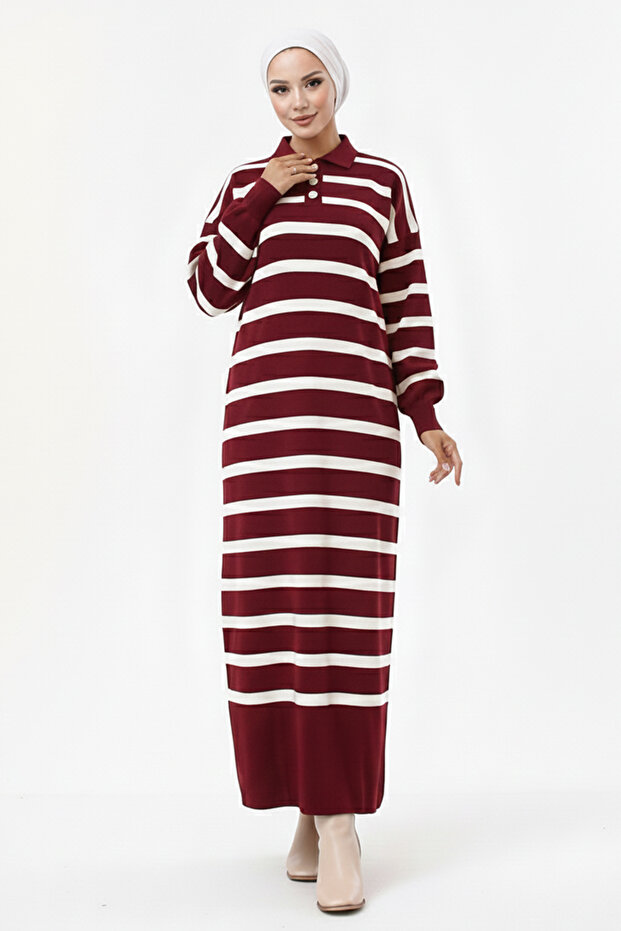 Striped Knit Dress with Button Detail at the Collar 11031-1 Claret Red
