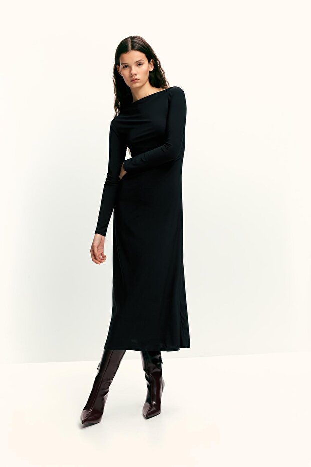 Drape detaylı yumuşak midi elbise - 1