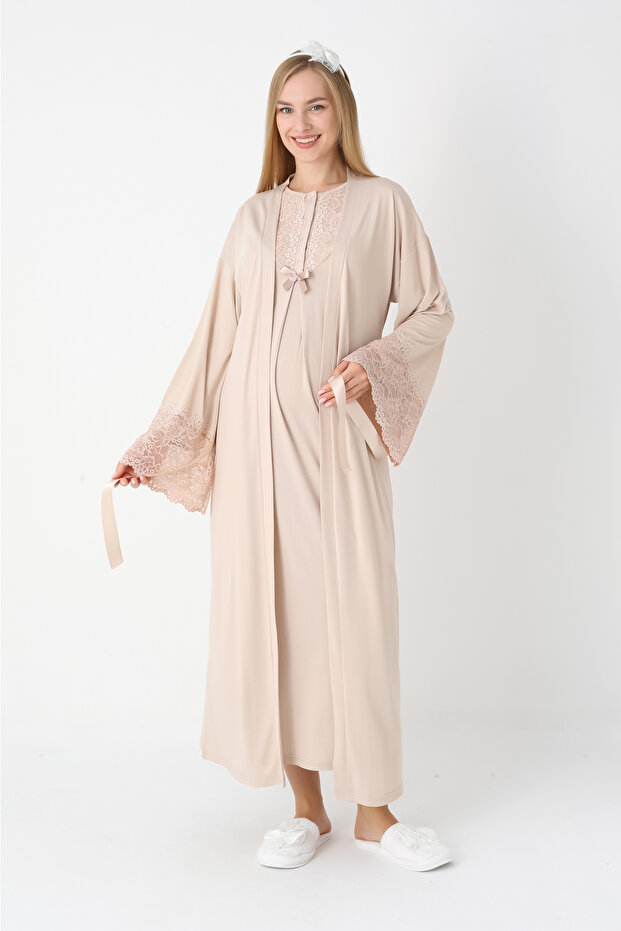 Lace Sleeve Maternity Nightdress and Robe Set Viscose Cotton - Pomegranate Blossom and Taupe