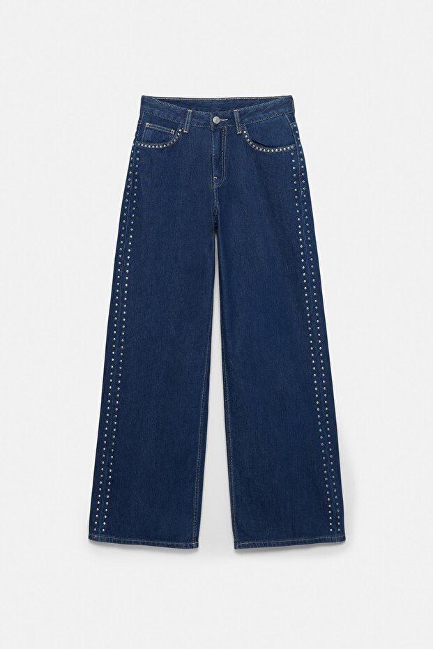 Zımbalı geniş paça jean - 7
