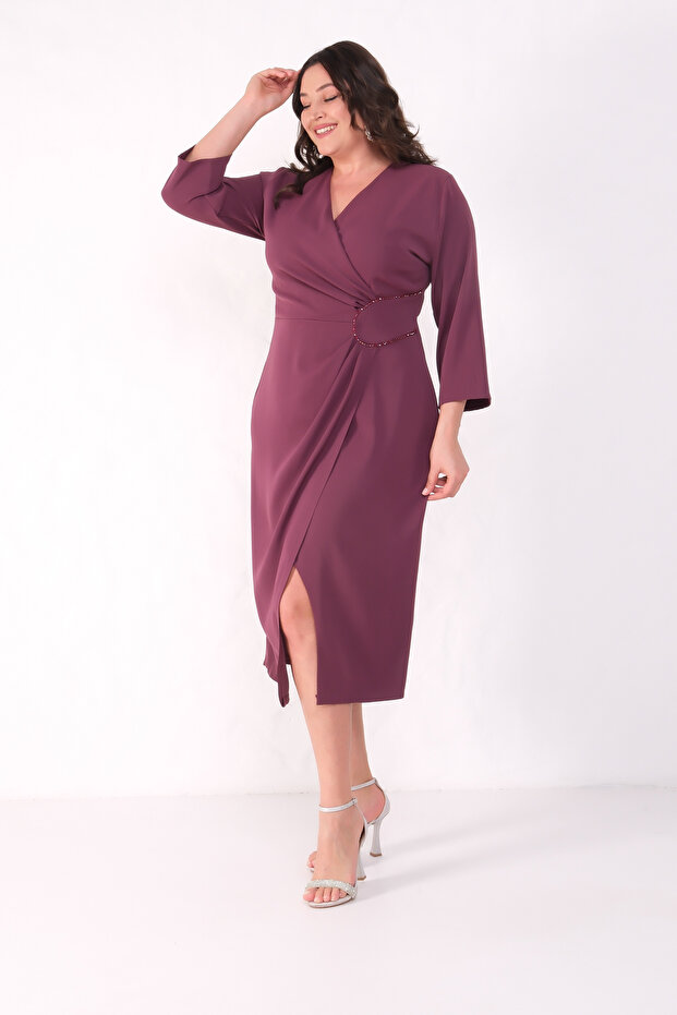 Women's Plum Slim Fit Double-Breasted Collar Bead Embroidery Plus Size Midi Dress