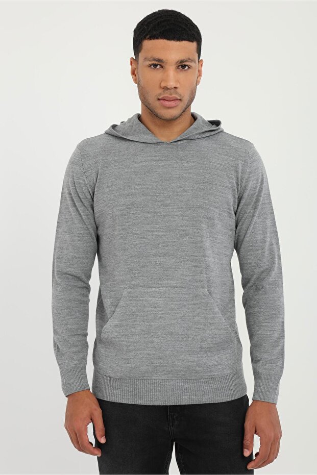 Men's Slim Fit Hooded Gray Knitwear
