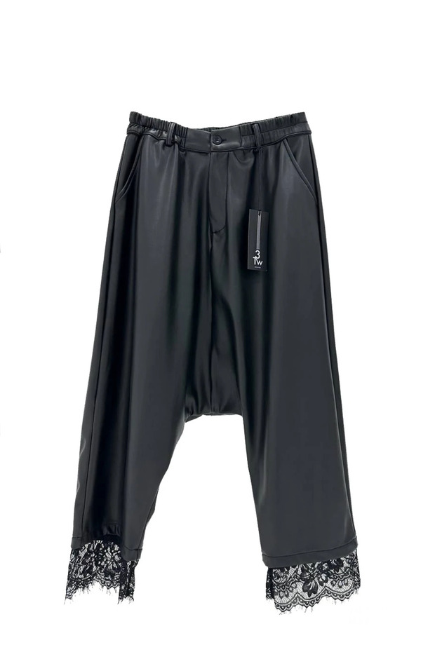 Women's Faux Leather Flared Pants with Lace Detail Design