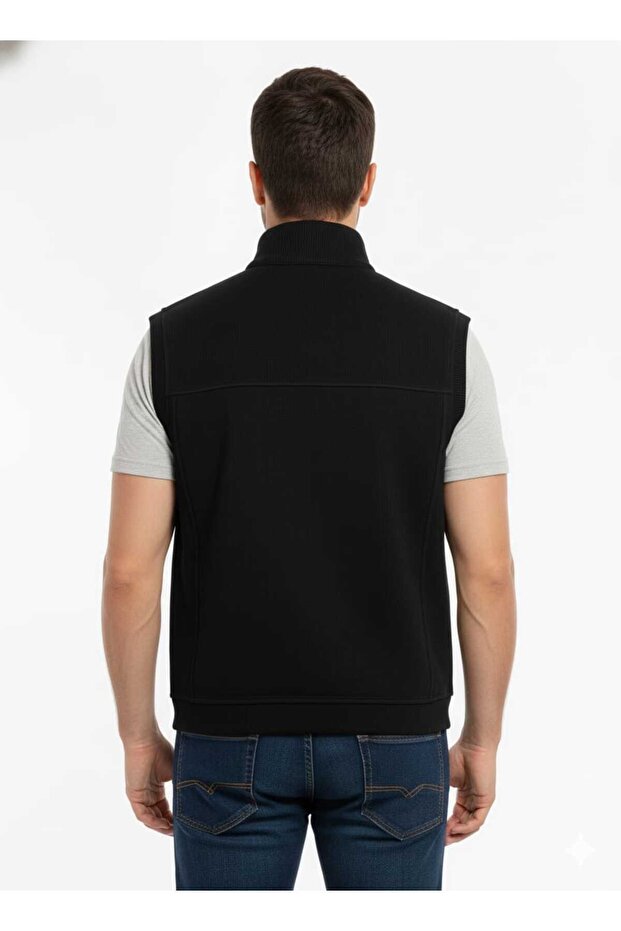 Siyah Fermuarlı Dik Yaka Örme Erkek Yelek - 3