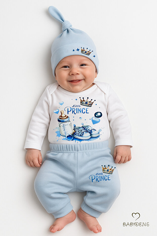 Little Prince 3-Piece Baby Boy Set – Long Sleeve 100% Cotton Bodysuit, Pants and Hat Set Blue