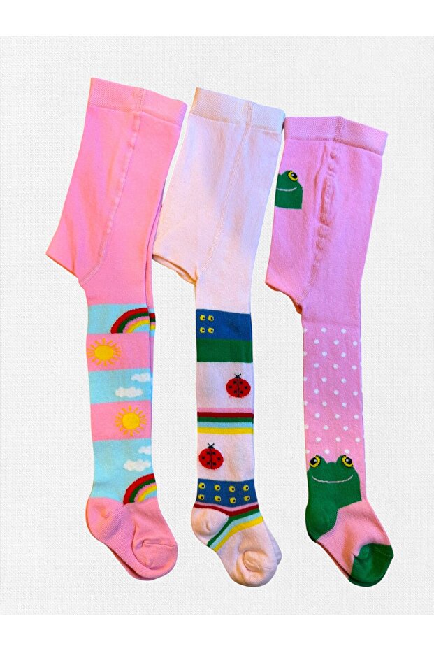 Girl's Pantyhose Cotton Washed Fabric Pink Ladybug Frog Rainbow Patterned