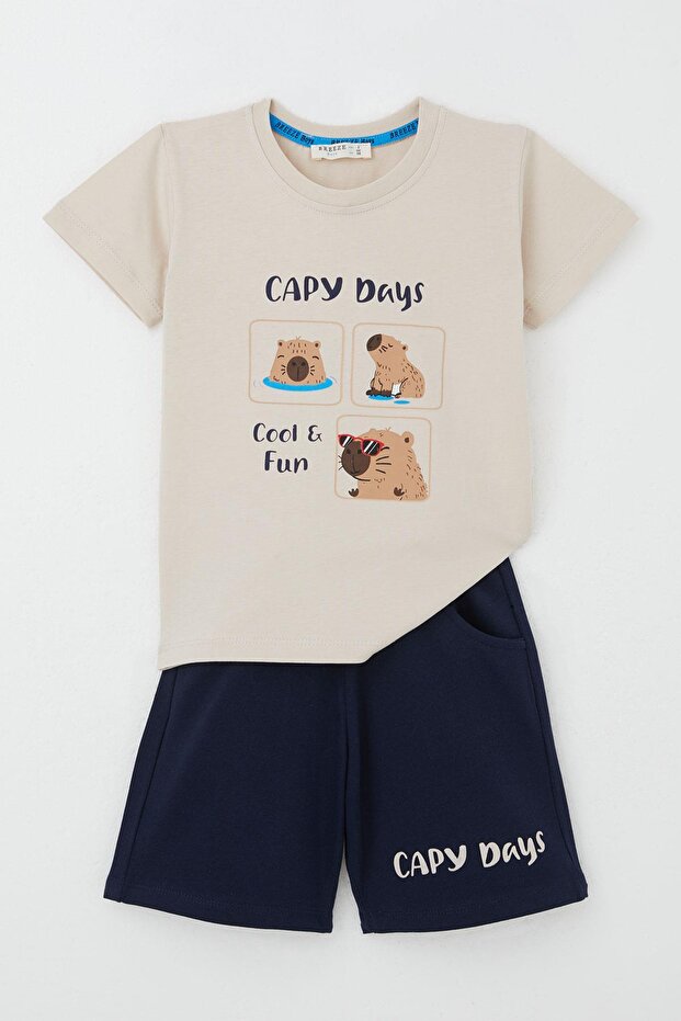 Boy's Shorts Set the Coolest Cute Rodent Capybara Printed 1-4 Years Old, Beige