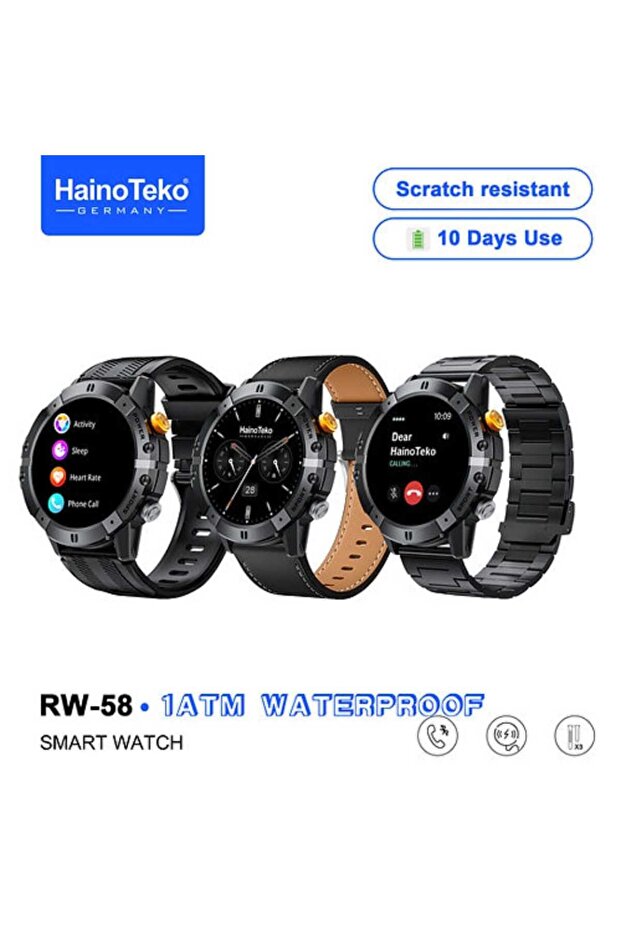 ساعة ذكية RW-58 مقاومة للماء مع شاشة AMOLED كبيرة و3 أحزمة قابلة للتبديل وكابل شحن مصممة للرجال