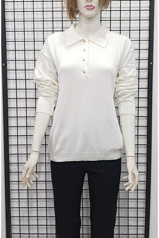 Button Detailed Shirt Collar Knitwear Blouse Sweater