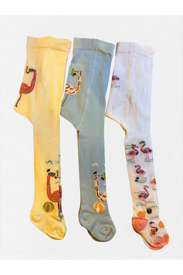 Girl's Pantyhose Cotton Washed Fabric White Blue Ecru Color Flamingo Patterned