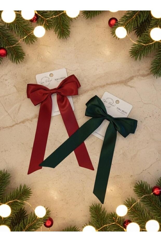 Green Burgundy Double Long Tail Ribbon Shiny New Year's Brooch, Bow New Year's Brooch, Children's Brooch Hand