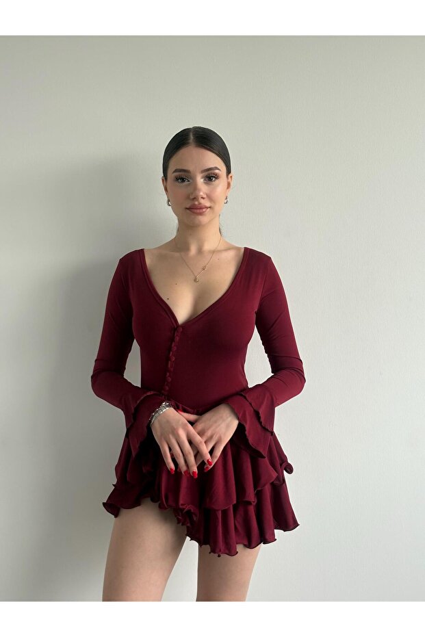 Şortlu Mini Volan Kol Elbise - 6