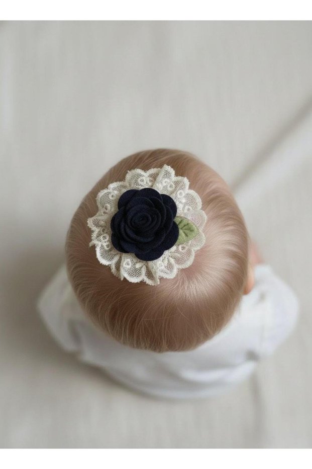 Navy Blue Ecru Hairless Doll with Cute Ecru Tulle Navy Blue Felt Detailed Flower Figure Hairless Doll