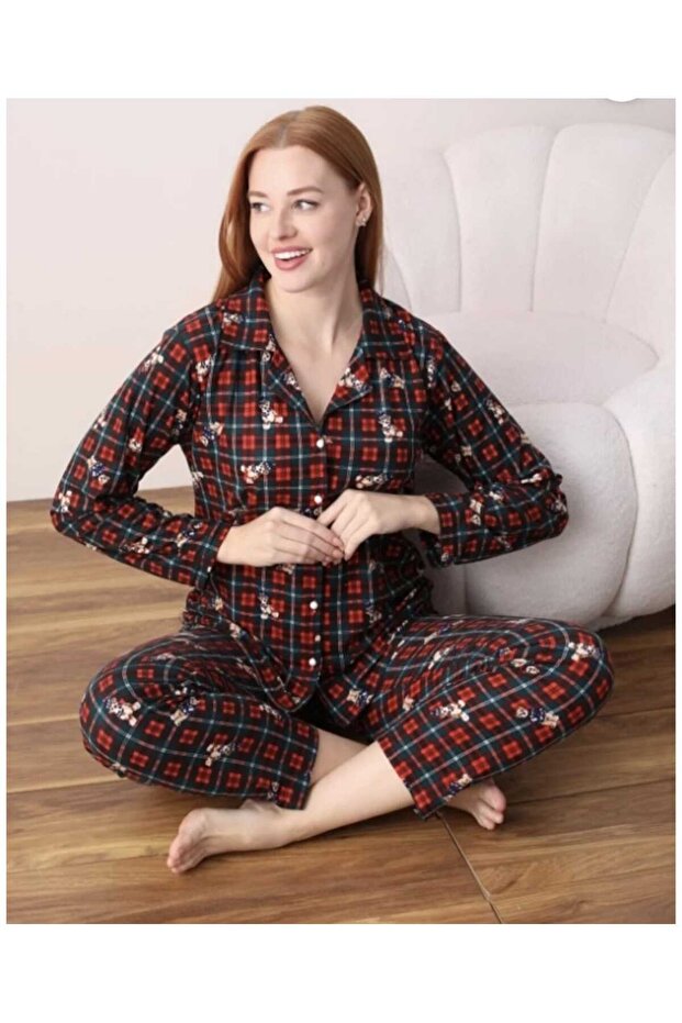 طقم بيجامة من جلد الغزال المنقوش بأزرار من AYICIK - 3