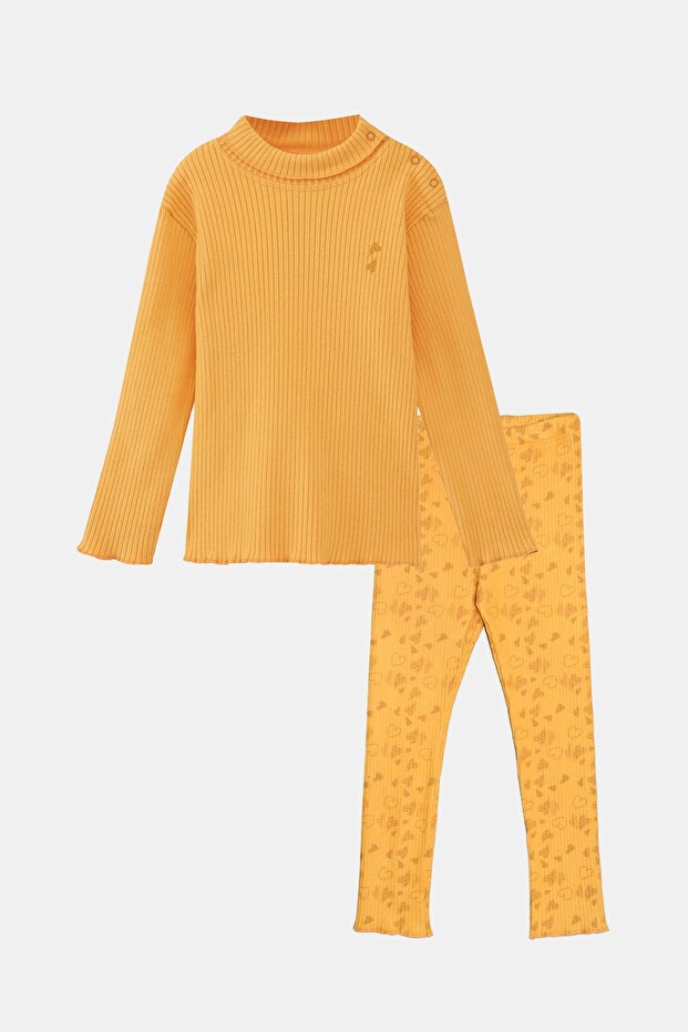 Cadmium Yellow Heart Printed Girls' Ribbed Knit Lower Upper Set