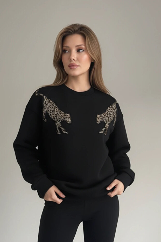 Pul İşlemeli Kaplan Detaylı Oversize Sweatshirt - 3