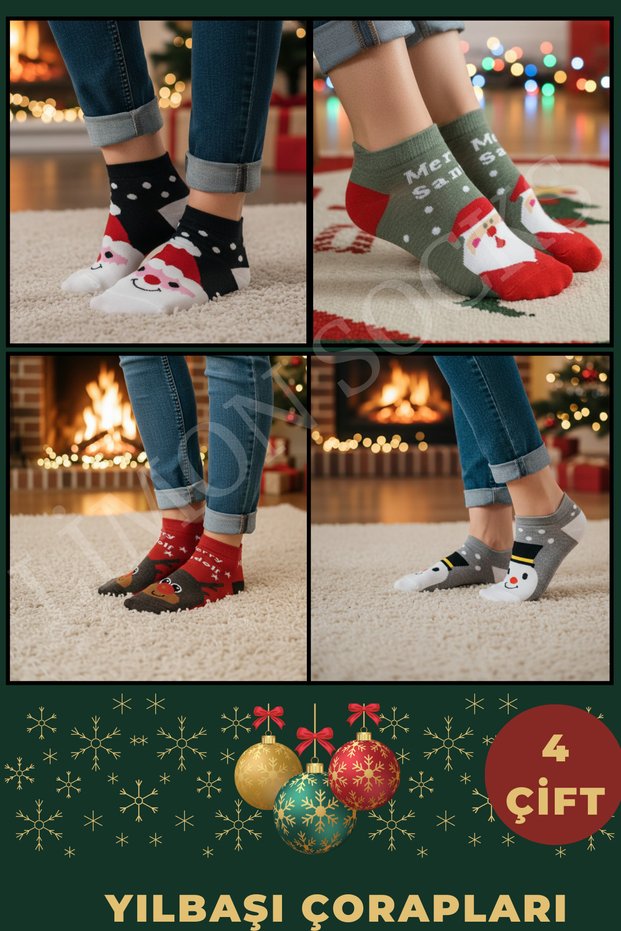 Women's Booties Christmas Socks Organic Cotton (4 Pairs) Special Production Quality Woven Christmas Gift Socks