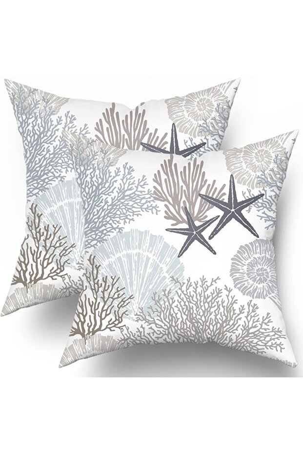 Ocean Coral Pillow Covers 18x18 Inch Set of 2 - Nautical Coastal Cotton Cushion Covers, Br