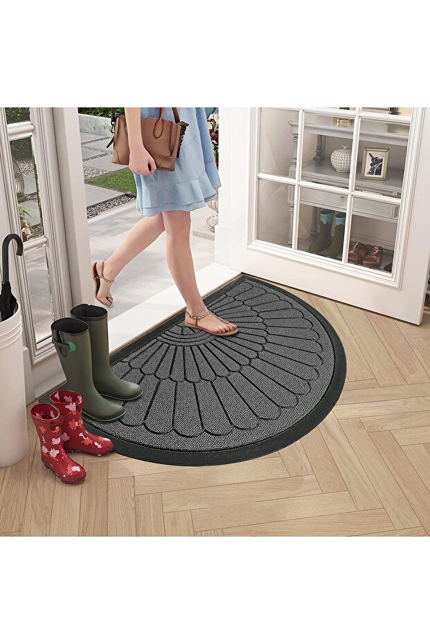Half Round Non-Slip Door Mat - 50 x 80 cm, Grey