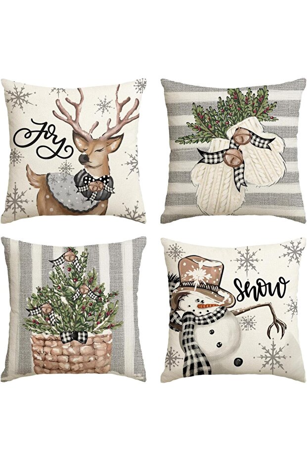 Snowman Reindeer Eucalyptus Throw Pillow Covers, 18 x 18 Inch, Set of 4