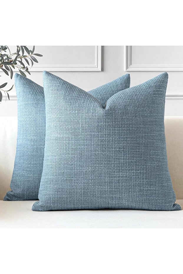 2 Pieces Cushion Covers, 45 x 45 cm, Blue Linen, Modern, Solid Pattern