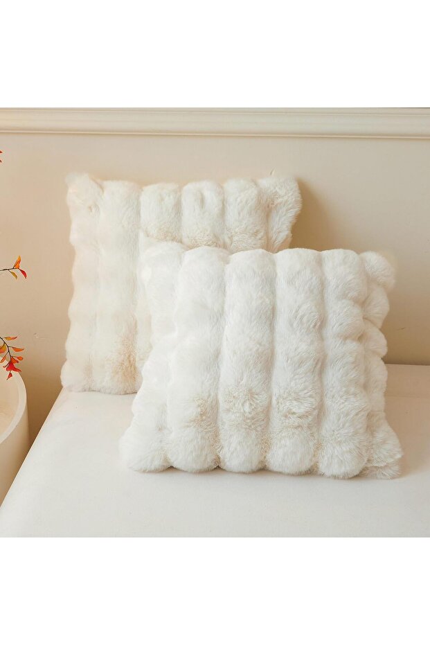 2 Pack Fluffy Faux Rabbit Fur Pillow Covers 18x18 – Bubble Waffle, Ivory Beige