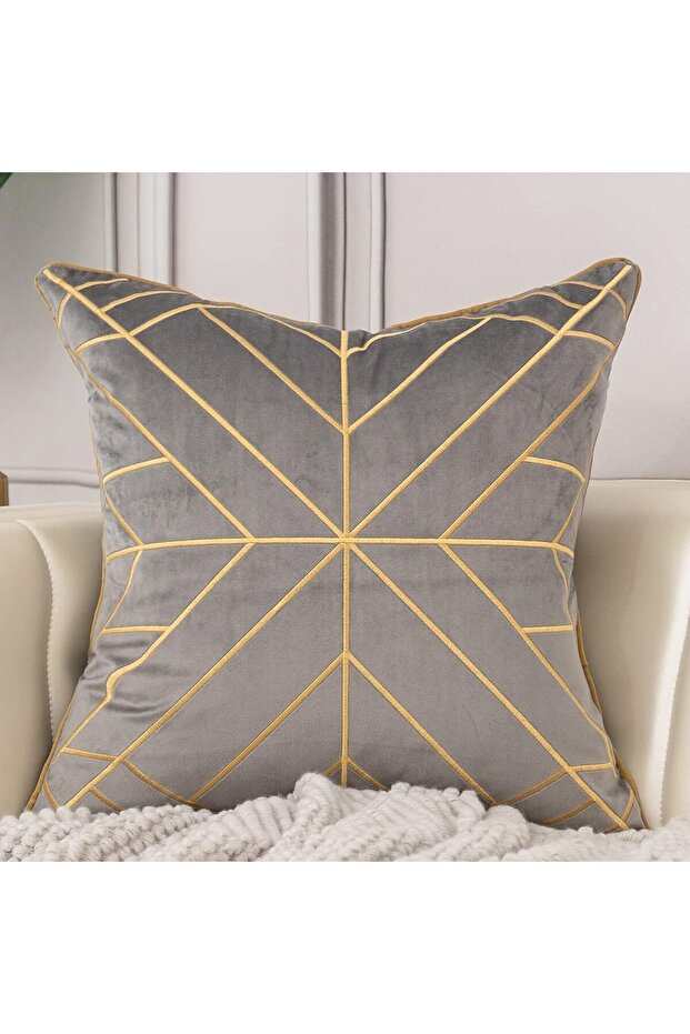 20 x 20 Inch Grey Gold Striped Embroidered Velvet Cushion Cover (50 x 50 cm)