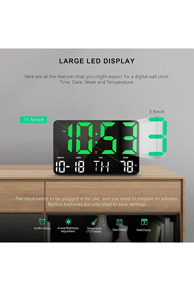 Digital Wall Clock with Remote, Large LED Display, Temperature/Date/Week (Green) - 2