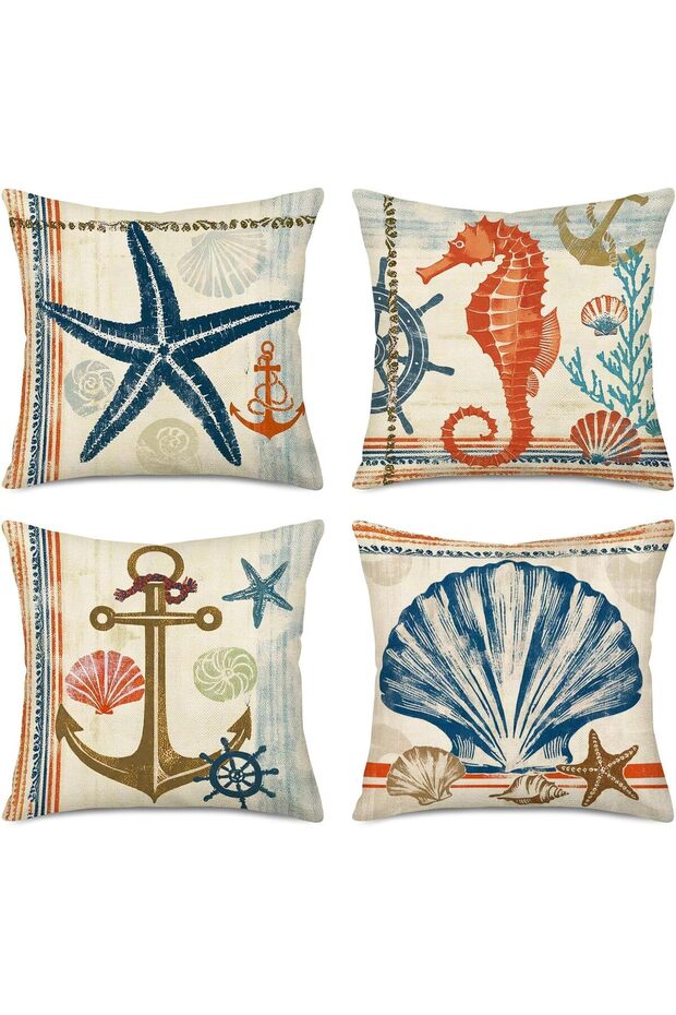 Ocean Beach Throw Pillow Covers Set of 4 - Seahorse Starfish Scallop, 18x18 in